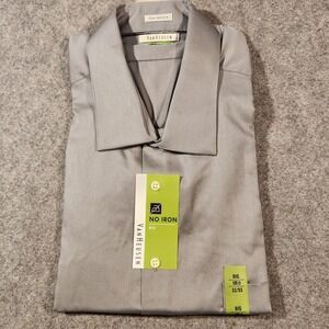 Van Heusen Men's Big & Tall Grey Lux Sateen No Iron Dress Shirt 18.5 32/33